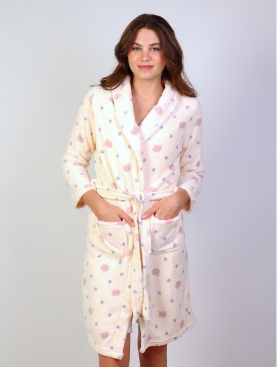 Cat Print Flannel House Robe W/ Pockets